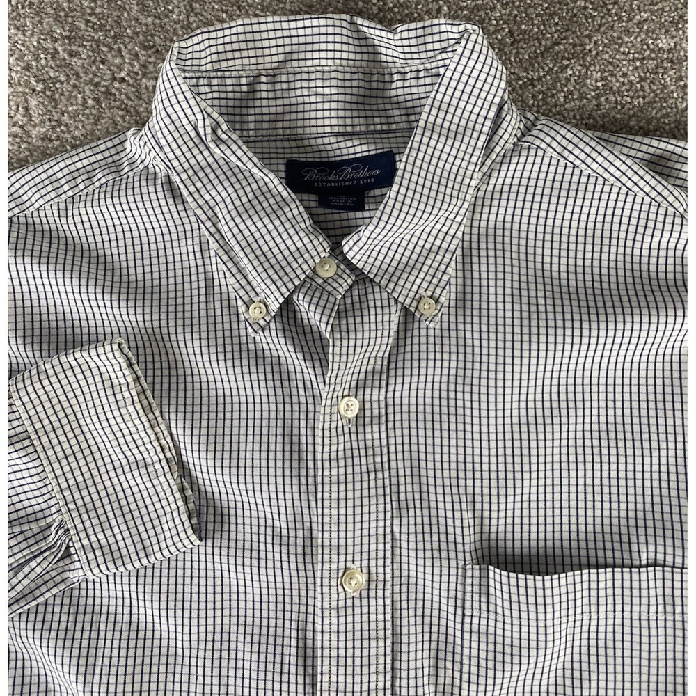 Brooks Brothers Blue/White Plaid Gingham Shirt Mens XL Cotton Preppy Pocket Work